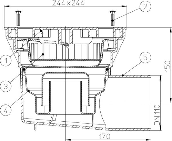 Perfektablauf DN110 waagrecht mit Wassergeruchsverschluss, 244x244mm / Gussrost 226x226mm HL605W